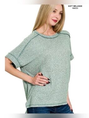 NWT Zenana Plus Size Ash Jade Melange Hacci V Neck Short Sleeve Top Blouse- 1/2X